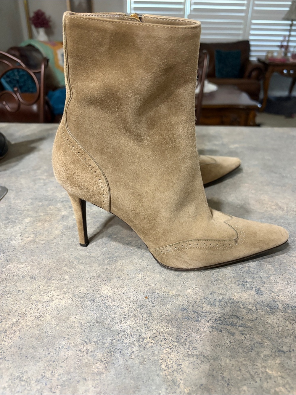 Ralph Lauren Collection Tan Suede Pointed-Toe Stiletto Ankle Boots